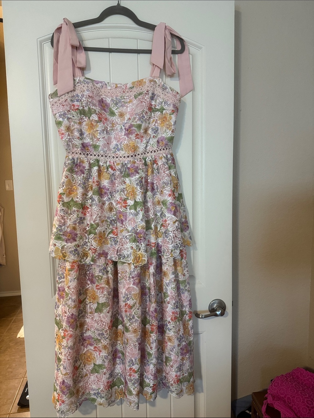 Just Me Pink Floral Lace Tiered Midi Dress with Tie Shoulders
